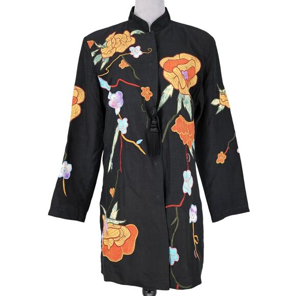 Entice Jacket Womens 10 Black Orange Floral Applique Embroidery Snaps Tassel Vtg - Picture 1 of 13